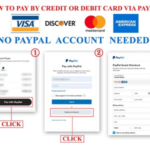 May include: A visual guide on how to pay by credit or debit card via PayPal. The image shows three steps: 1. Click "Pay with PayPal" 2. Log in or create an account 3. Enter your credit card information. The image also shows logos for Visa, Discover, Mastercard, and American Express.