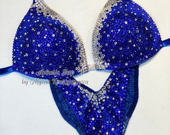 Blue Finess Bikini - Competition Bikini Set - Figure Fitness - NPC - Velvet Figure Competition Suit - Posing Suit - Wellness Bikini