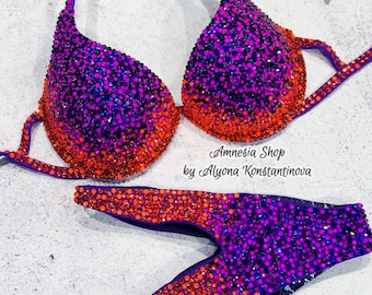 Fiery Competition Bikini Set - Rhinestone Fitness - IFBB - WBFF - Figure Competition Suit - Posing Suit - Rhinestones Bikini Set