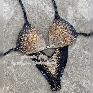 Schwarzgoldener Wettkampf-Bikinianzug, Wettkampf-Set, Figur-Bikini, Posing-Wettkampf-Bikini, Wellness-Wettkampf-Bikini, NPC, IFBB, WBFF