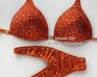 Orange Finess Bikini - Competition Bikini Set - Figure Fitness - NPC - Velvet Figure Competition Suit - Posing Suit - Fitness Bikini