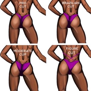May include: Four different styles of competition bikini bottoms are shown. The styles are labeled "Pro Cut", "Brazilian Cut", "Moderate Cup", and "Figure Cut".