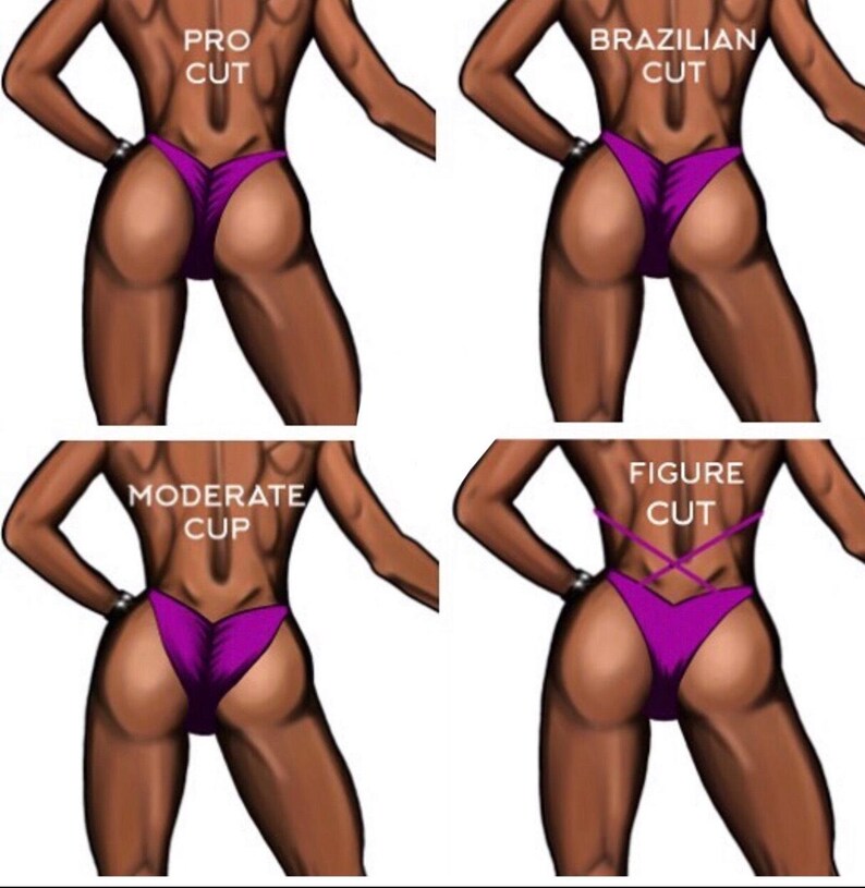 May include: Four different styles of competition bikini bottoms are shown. The styles are labeled "Pro Cut", "Brazilian Cut", "Moderate Cup", and "Figure Cut".