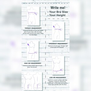May include: Diagram showing how to measure for a bikini top and bottom. The diagram shows how to measure the top bust, underbust, high hip, low hip, and front rise. The text says "Amnesia Shop" and "Write me! - Your Bra Size - Your Height".