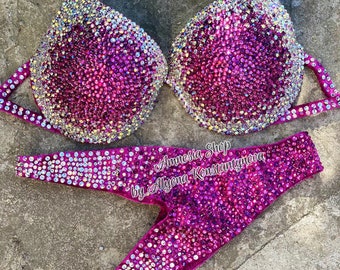 Pink Competition Bikini Set - Rhinestone Fitness - NPC - IFBB - WBFF - Posing Suit - Sw Rhinestones Bodybuilding - Wellness Bikini