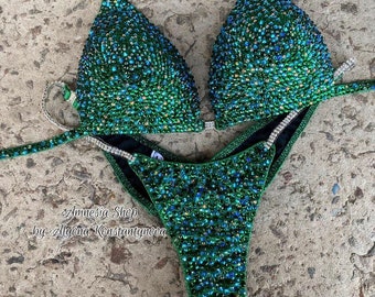 Competition Set - Rhinestone Fitness - NPC - IFBB - WBFF - Figure Competition Suit - Posing Suit - Sw Bodybuilding - Turquoise bikini