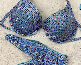 Light Blue Competition Bikini Set - Rhinestone Fitness - Figure Bikini - IFBB - WBFF - Posing Suit - Sw Rhinestones Bodybuilding