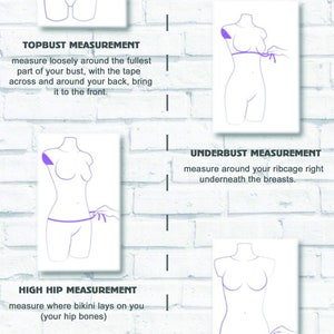 Op de afbeelding: Een witte bakstenen muur met een diagram dat laat zien hoe je moet meten voor een bikini top, bottom en heupen. De tekst luidt "Amnesia Shop by Alena Konstantinova" en "Schrijf me! Je bh-maat Je lengte".