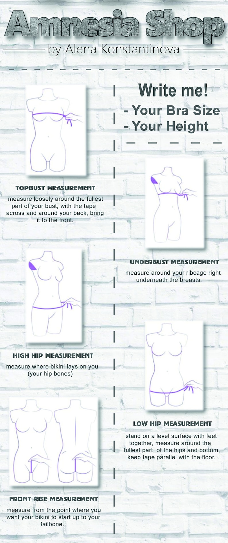 Op de afbeelding: Een witte bakstenen muur met een diagram dat laat zien hoe je moet meten voor een bikini top, bottom en heupen. De tekst luidt "Amnesia Shop by Alena Konstantinova" en "Schrijf me! Je bh-maat Je lengte".