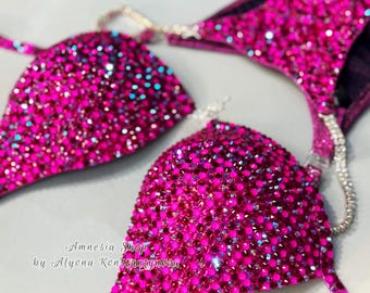 Hot Pink Crystal Competition Bikini | Rhinestone Fitness Bikini | Custom NPC IFBB Stage Suit | Sparkly Posing Suit