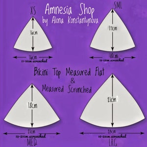 May include: Diagram showing four different sizes of bikini tops with measurements in centimeters for both flat and scrunched states. The sizes are XS, S/M, MED, and LRG.