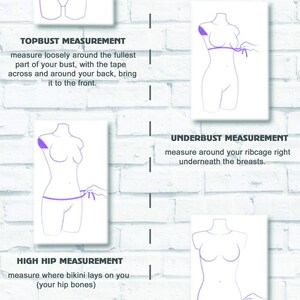 May include: A white brick wall with a diagram showing how to measure for a bikini top, bottom, and hips. The text reads "Amnesia Shop by Alena Konstantinova" and "Write me! Your Bra Size Your Height".