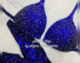 Blauwe wedstrijdbikini set - Rhinestone Fitness - NPC - IFBB - WBFF - Figuurwedstrijdpak - Poseerpak - SW Bodybuilding