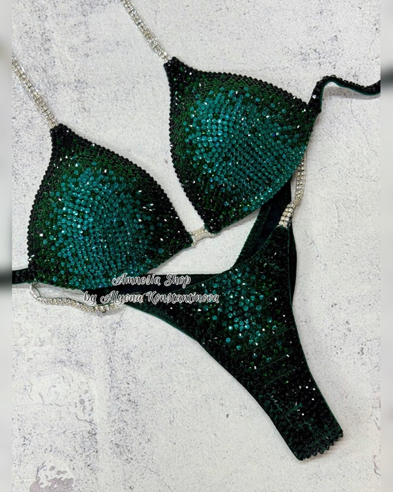 グリーン コンペティション ビキニ セット - ラインストーン  