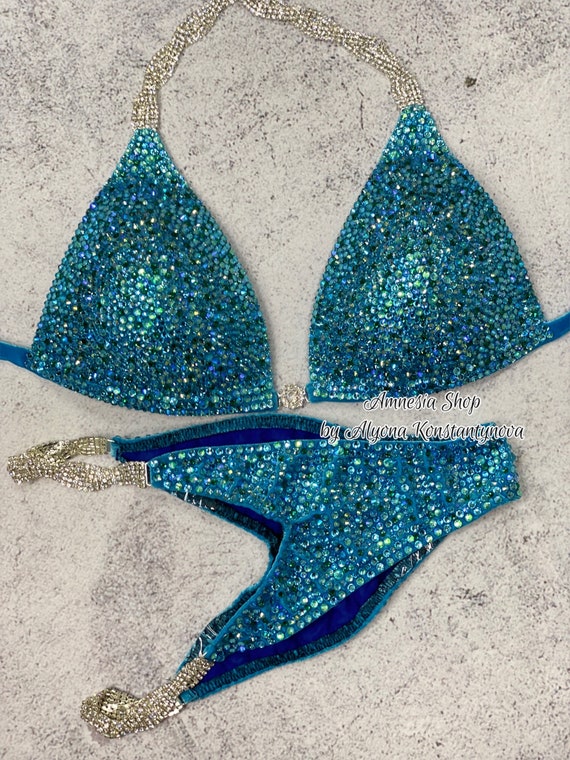 Blue-Emerald Fitness Bikini, Competition Set, Figure Bikini, Bikini Suit, Competition Bikini, Wellness Fitness Competition Bikini, NPC, IFBB