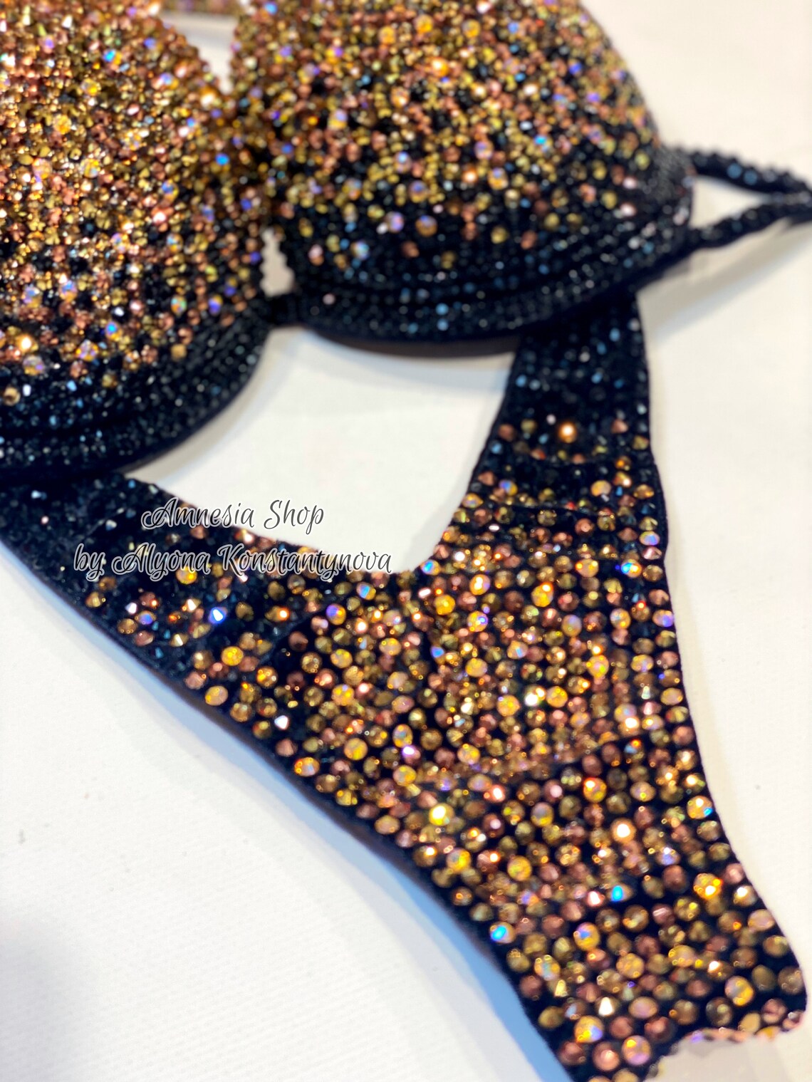 Competition Bikini black Gold Rhinestone Fitness Etsy