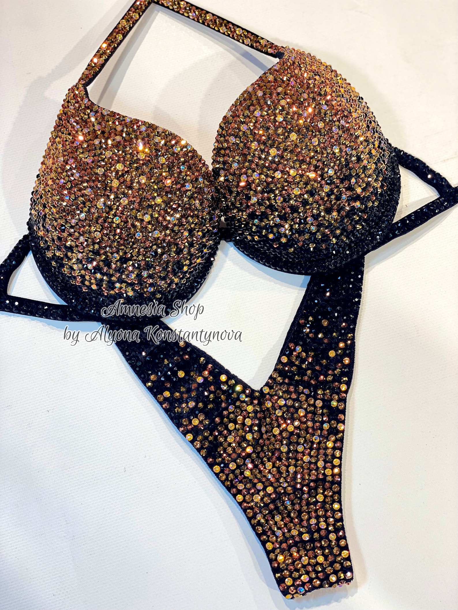 Competition Bikini black Gold Rhinestone Fitness Etsy