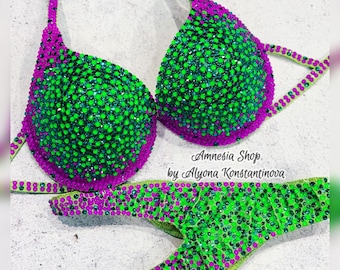 Neon Competition Bikini Set - Rhinestone Fitness - IFBB - WBFF - Neon Figure Competition Suit - Posing Suit - Rhinestones Bikini Set