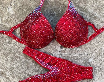 Red Competition Bikini Set - Rhinestone Fitness - Figure Bikini - IFBB - WBFF - Posing Suit - Sw Rhinestones Bodybuilding