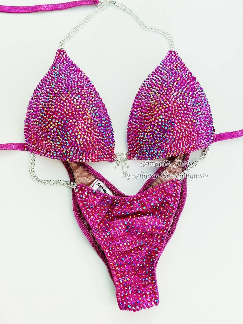 Two Piece Hot Pink rhinestone womens figure physique competition suit