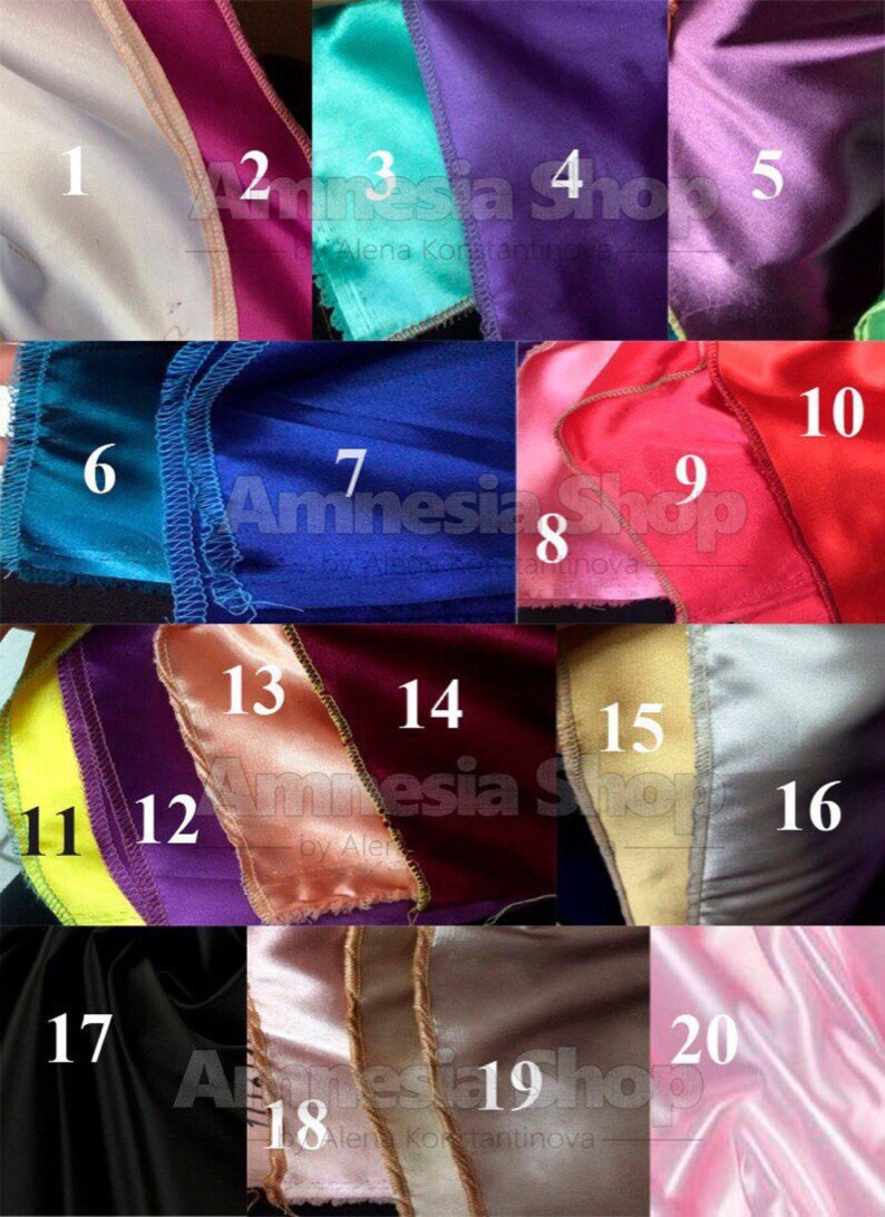 May include: A swatch card with 20 different colors of satin fabric. The swatches are numbered 1 through 20. The fabric colors include white, beige, pink, red, purple, blue, green, yellow, and black.