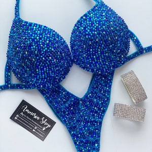 Blue Competition Bikini Set - Rhinestone Fitness - NPC - IFBB - WBFF - Velvet Figure Competition Suit - Posing Suit - Rhinestones Bikini Set