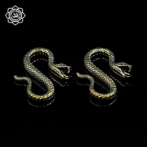 Pode incluir: Dois ganchos em forma de cobra de latão com um design detalhado. Os ganchos estão orientados em direções opostas e estão sobre um fundo preto.