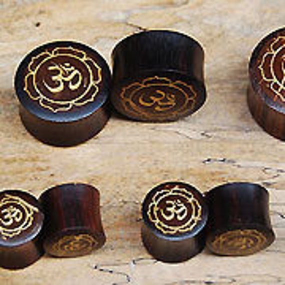 Double Flared Hand Carved Ohm Design Wood Ear Gauges Plugs Double Flared Hand Carved Ohm Design Wood Ear Gauges Plugs