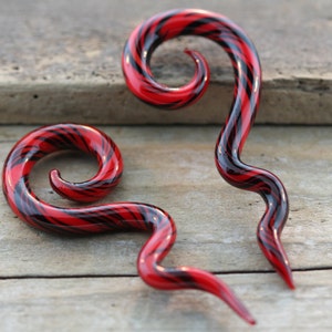 GLASS Red and Black Striped Long Spirals - priced per pair