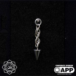 Può includere: Un orecchino color argento con una catena e un'estremità a forma di cono. L'orecchino è sospeso da un piccolo anello nella parte superiore. La catena è composta da piccole maglie.