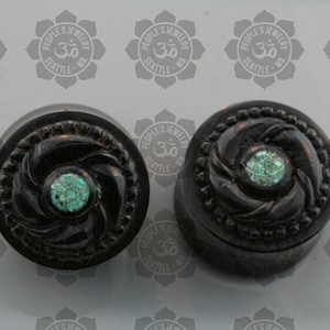 Horn with Coral Inlay and carved - Double Flared Plugs