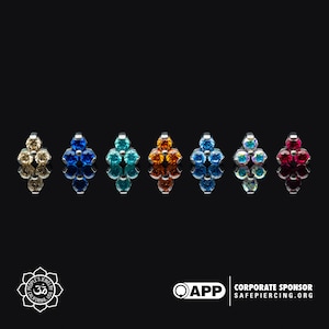 Könnte beinhalten: Acht verschiedene farbige, mit Edelsteinen besetzte Körperschmuckstücke, jedes mit drei Steinen in dreieckiger Form, werden auf schwarzem Hintergrund gezeigt. Die Steine sind in den Farben Beige, Blau, Türkis, Orange, Hellblau, Irisierend und Rot.