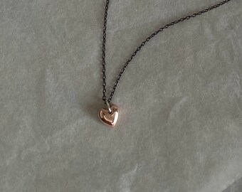 rose gold tiny puff heart necklace - 10k gold + blackened sterling silver chain - camille hempel design