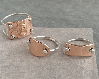 10k rose gold shield plate armor rings - 3 styles - single + double band kinetic rings by camille hempel jewelry design - jeweler at large