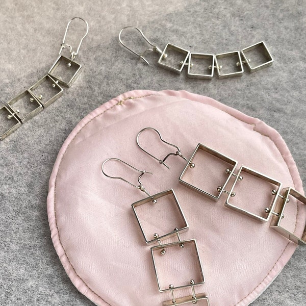 swivel square chain earrings - jumbo + medium styles - sterling silver squares handmade chain statement earrings by camille hempel