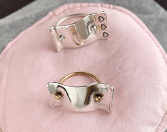 Big Wave Armor Ring - fun form - form fitting ring - brass + silver = heart stamped - camille hempel design