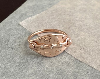 fancy Signet Armor Ring - 14k rose gold with diamonds - unique embellished shield ring - camille hempel design