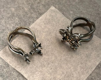 flower tower / barbed wire statement rings x 2 versions - elevated flower / barbed wire tower - blackened silver with gold - camille hempel