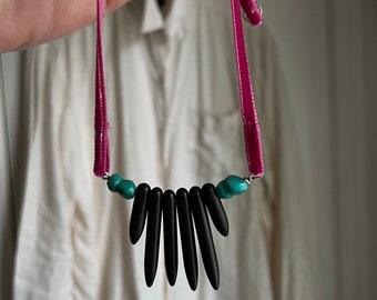 modern vintage color pop up-cycle necklace - fuchsia + turquoise + black - fun to wear - nicely made by camille hempel jeweler at large