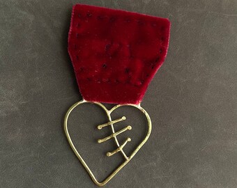 Jumbo scar heart crimson love medal - hand wrought and hammered brass heart with french velvet - camille hempel design - jeweler at large