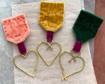 Special Love Medals x 3 - hand wrought brass + hand sewn vintage french velvet - honor the love - love badge lapel pin by camille hempel