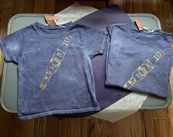 FUN kid's t-shirt with NOW wristwatch - be present - gold watch screen print graphics denim blue dyed tee by camille hempel