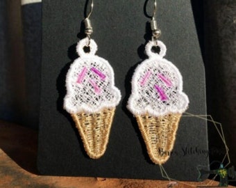 Embroidered Ice Cream Cone With Purple Sprinkles Lace Earrings