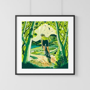 Spring Spins, impressão de ciclismo do ilustrador Tom Jay. Pedalar pela zona rural britânica na primavera. 400x400mm