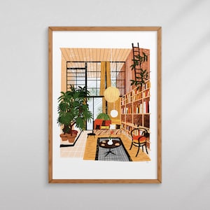 May include: A framed illustration of a living room interior with a large window, a couch, a coffee table, a plant, and a bookshelf. The room is decorated in a mid-century modern style.
