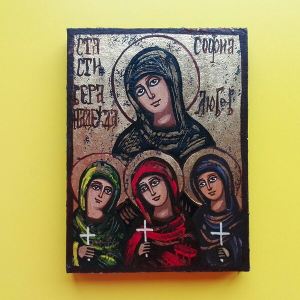 St Sophia & Santi Martiri / / icona in legno di Santa Sofia e suo figlie fede, speranza e amore, Christian icona Art dipinto a mano originale