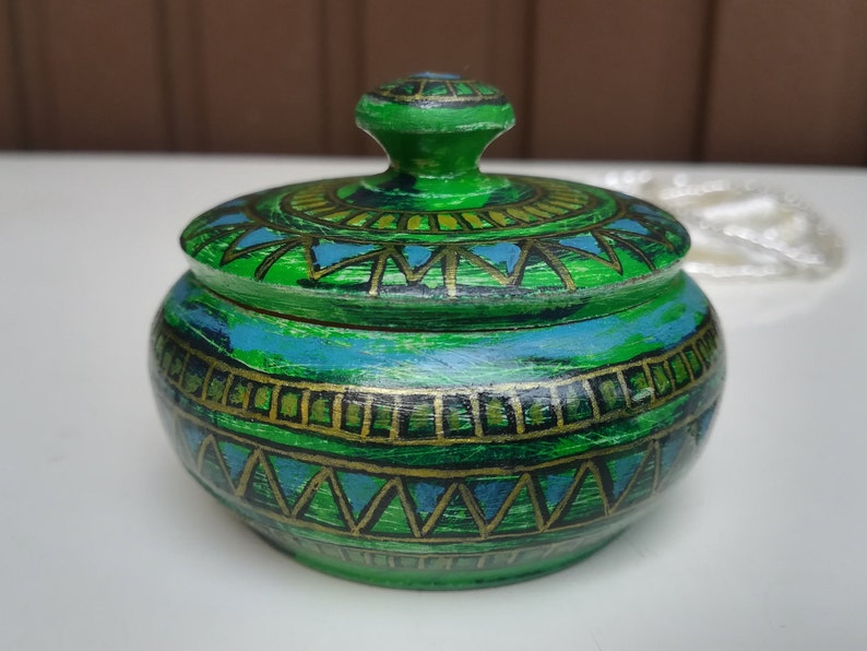 ORIGINAL Wooden Jewelry Box Art Deco Hand Painted Linden Wood Jewelry Box Round Container Affordable Gift Boho Green Treasure Chest