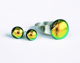 Green Yellow dichroic glass Set, Glass Earrings and Ring, Jewelery glass Set, unique glass Jewelry set, fusing glass earrings and ring