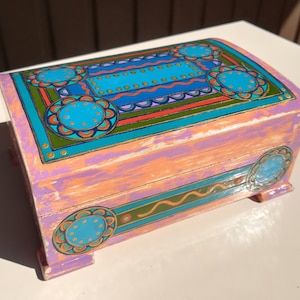 ORIGINAL Wooden Jewelry Box Art Deco Hand Painted Linden Wood Jewelry Box Round Container Affordable Gift Boho Green Treasure Chest