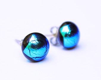 Unique Blue Dihroic Earrings, Art Glass Earrings, Blue Glass Studs, Hand Made Glass, Unique Earrings, Fusing Glass, Gift for her,